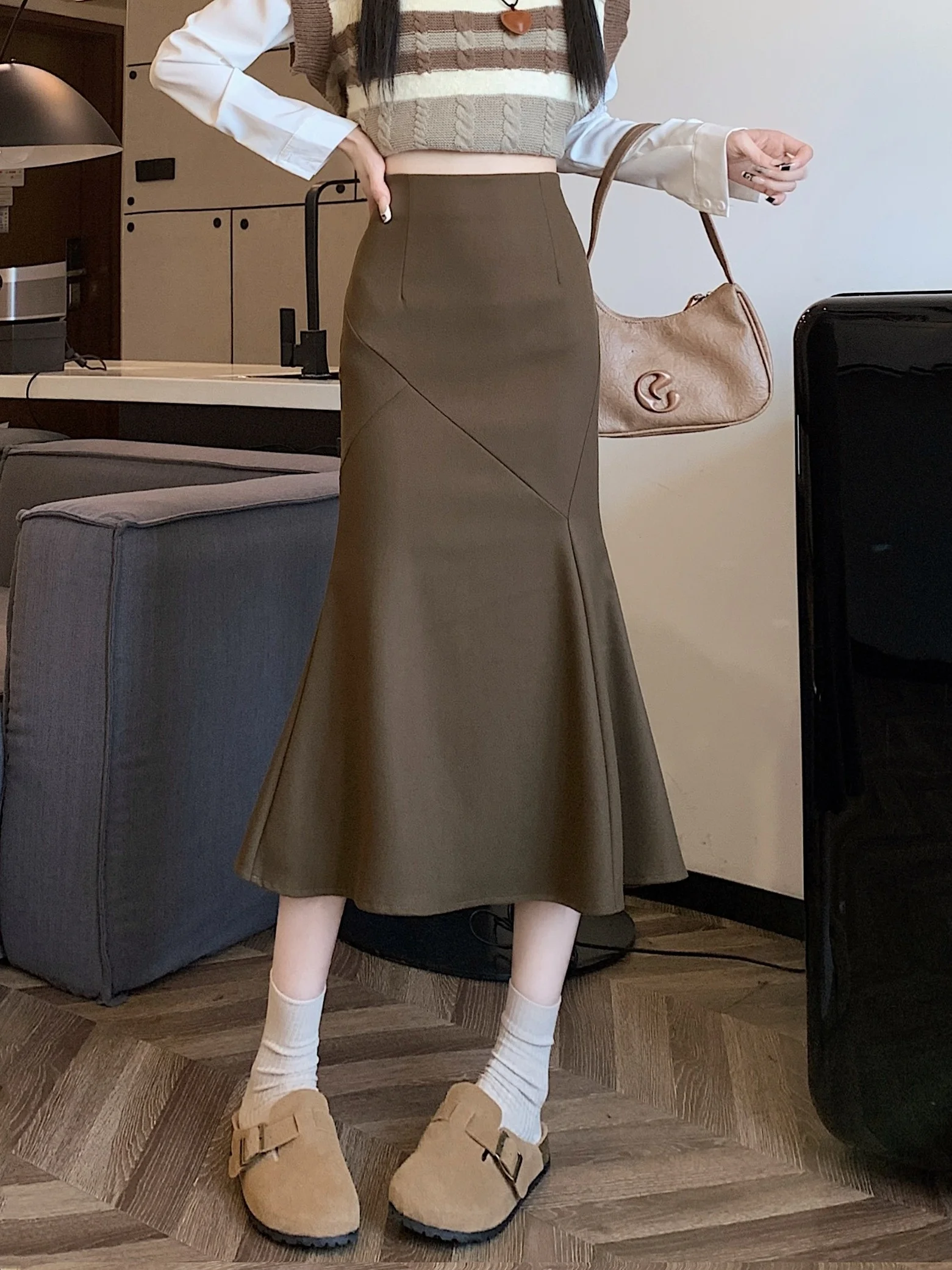 

Caramel Woolen Fi Tail f Skirt Women's Autumn Winter High Waist Slim Fit Bodycon Skirt Small Size Retro Sle Ciwalk