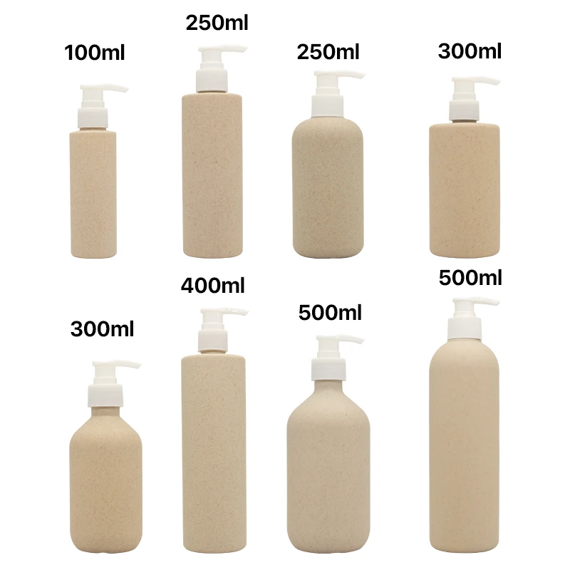 Frosted Wheat Straw Pla Compostable Cosmetic Shampoo Lotion Pump Bottles Biodegradable Plastic Custom Printed 100ml 250ml 500ml