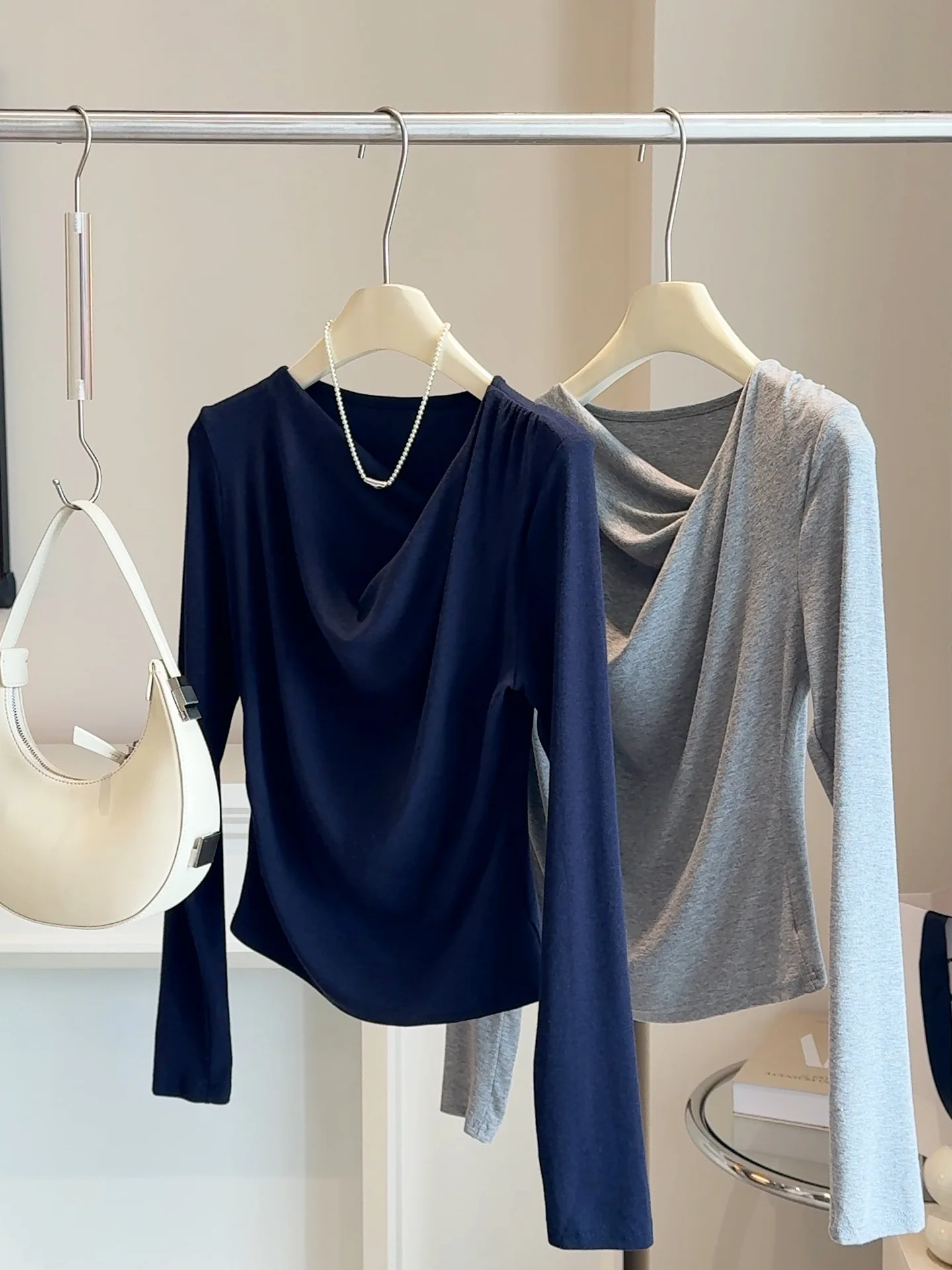 

Swing Collar Design Women T-Shirts Autumn Simple Solid Color Long Sleeve Slim Basic Bottoming Tops Lady Casual Tees