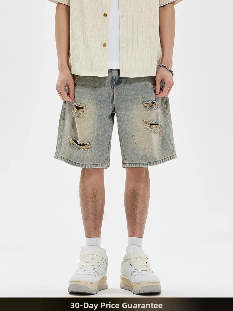 

Ретро-джинсовые шорты в американском стиле с эффектом потертости, мужские летние, универсальные, в стиле хип-хоп, широкие, из хлопка и полиэстера, длиной до колена.