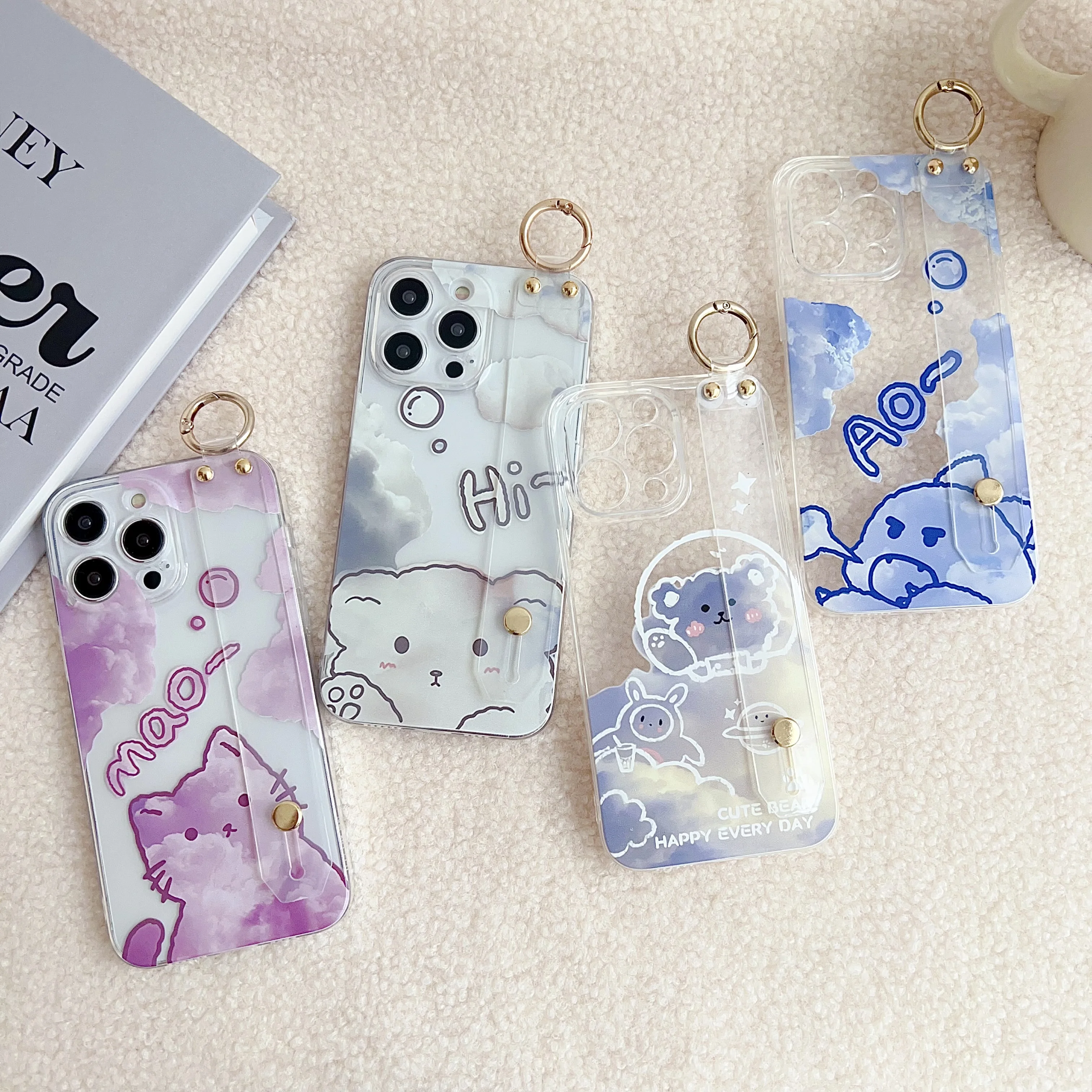 For Samsung Galaxy A07 A17 A57 A37 A06 A16 A26 A56 A04E A05 A15 A05s A25 A35 A55 Animal Clouds Case Wrist Strap