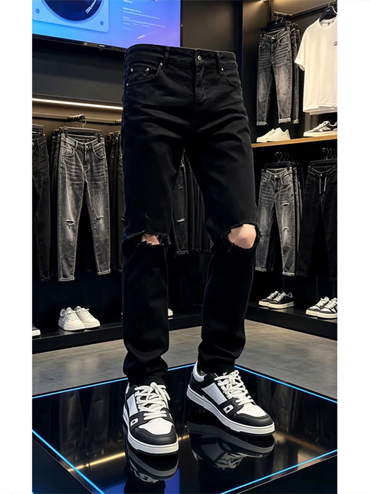 American High Street Vibe Men's Black Hole Denim Jeans Summer Leg Lengthening Knife Slim Straight Micro Flared Long Pants