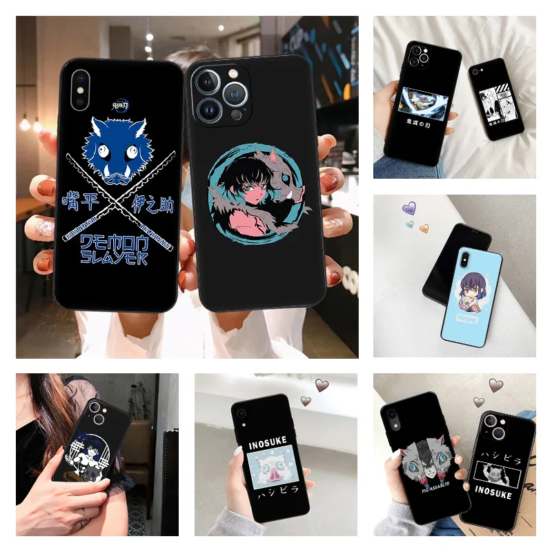 Phone Case for iPhone 16ProMax 14 13 15 Pro Max 12 11 XR SE 7 8 16 Plus Demon Slayer Hashibira Inosuke Soft Black Silicone Cover