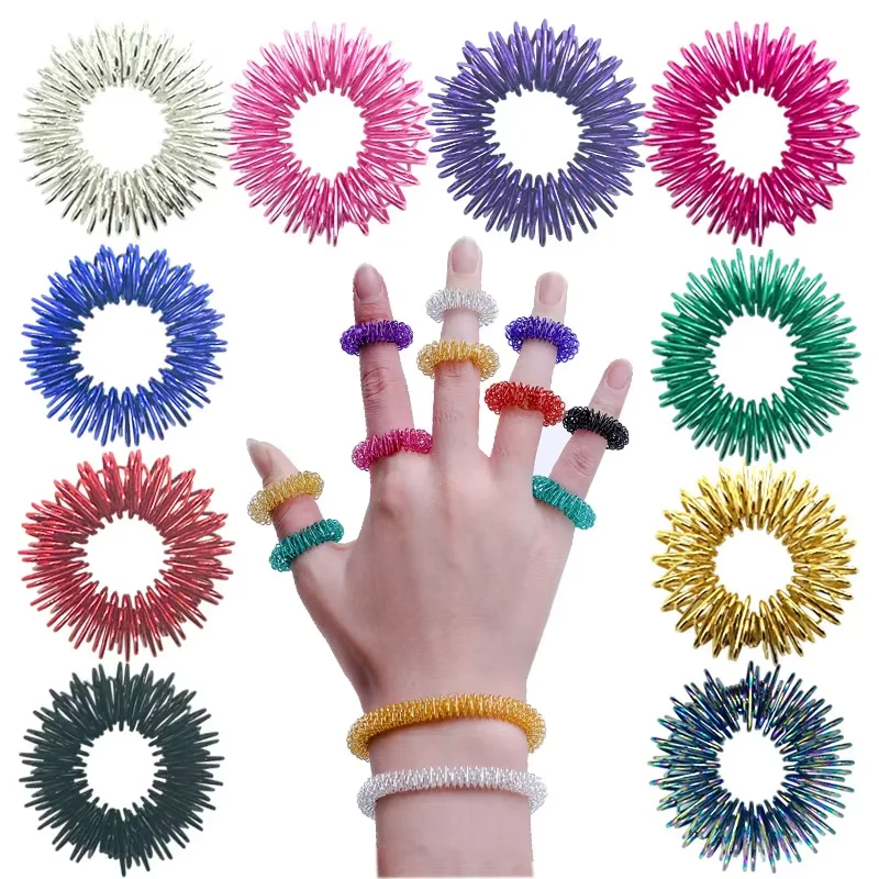 Conjunto de 10 Anéis para Dedos para Adolescentes e Adultos, Redutor de Estresse, Massageador, Brinquedos Antiestresse, Anéis de Acupressão Sensoriais com Pontas