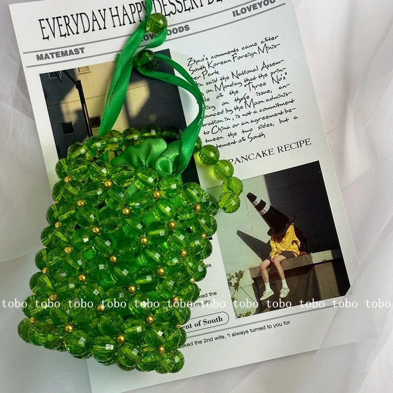 Summer Fresh Green Small Bucket Bags for Women Niche Original Transparent Acrylic Beaded Woven Barrel-shaped Handbgas