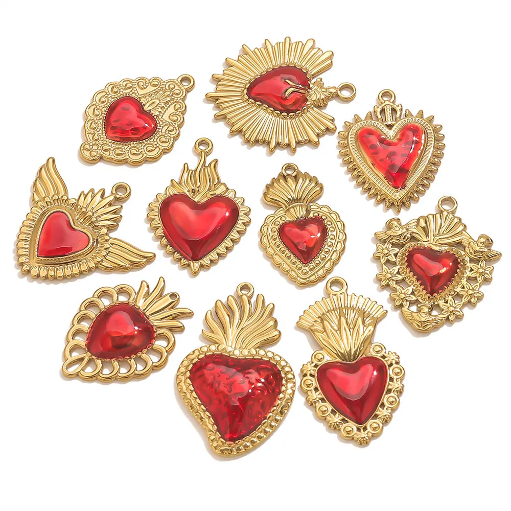 3 قطعة مطلية بالذهب القلب الأحمر المقدس دلايات من الفولاذ المقاوم للصدأ دوريان نمط الحب قلادة DIY بها بنفسك المرأة مجوهرات قلادة القرط سوار #5