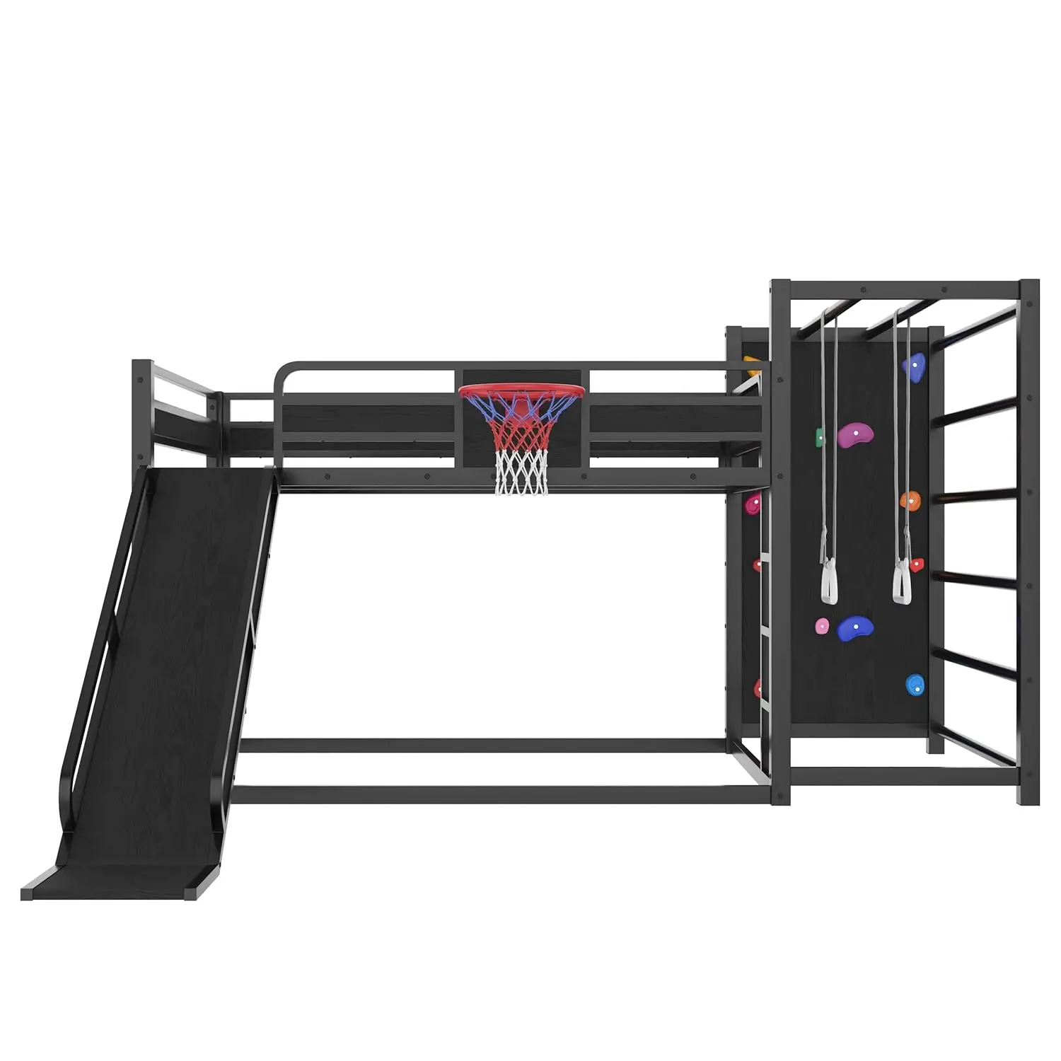 Full Loft Bunk Bed with Hoop Rings Climbing Wall Slide Bookshelf Heavy Metal Kids Play Black