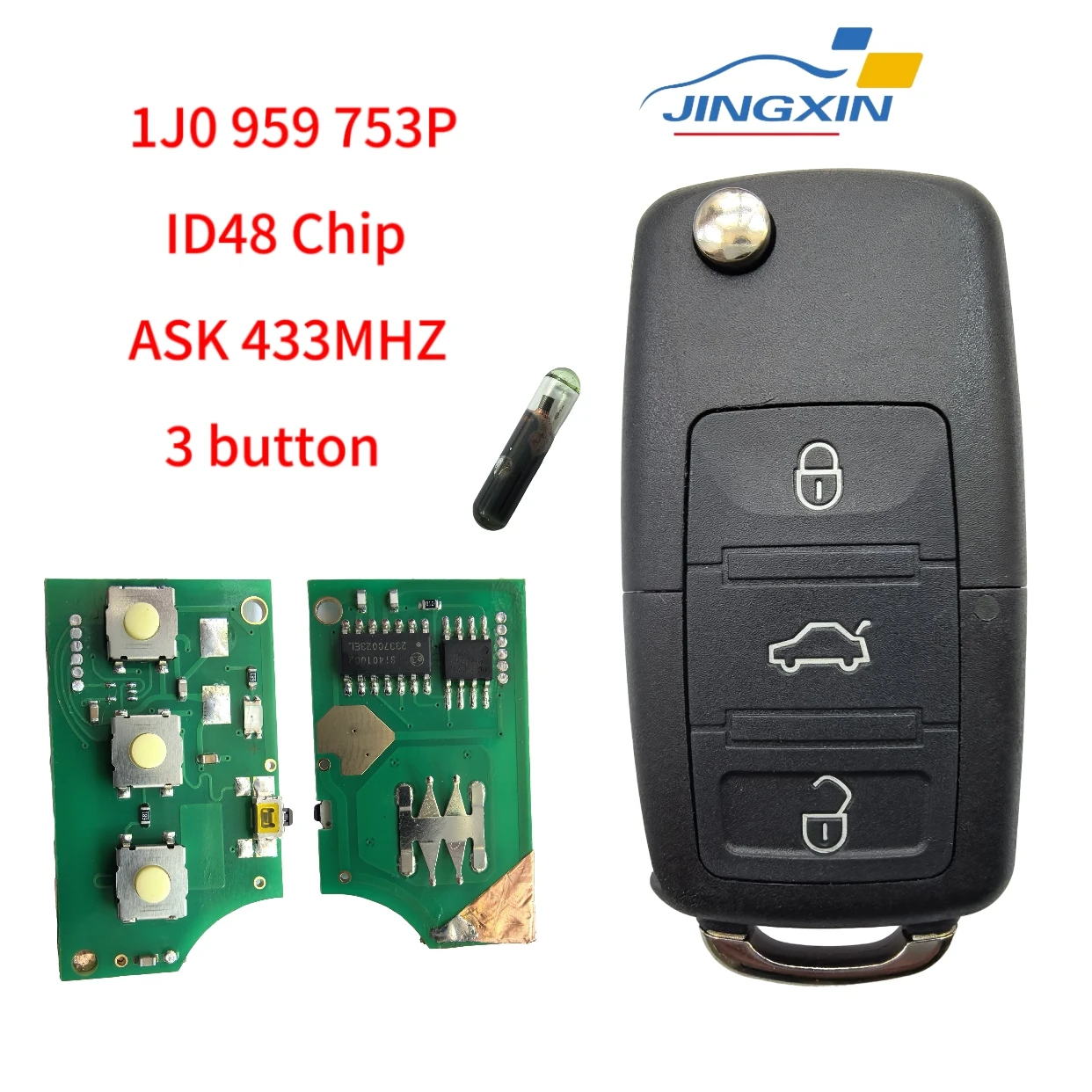 Jingxin 1J0959753P 3Buttons 48chip 434MHz Flip Remote Car Key For Volkswagen VW Beetle Golf Jetta Passat 2002-2005 1J0959753P