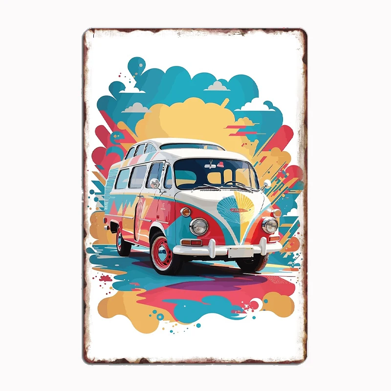 

Artistic T-Shirt Design: Bus at Sunrise Vector Metal Poster Sign Club Mural Wall Art Plaque Tin Room Decoration Home Decor