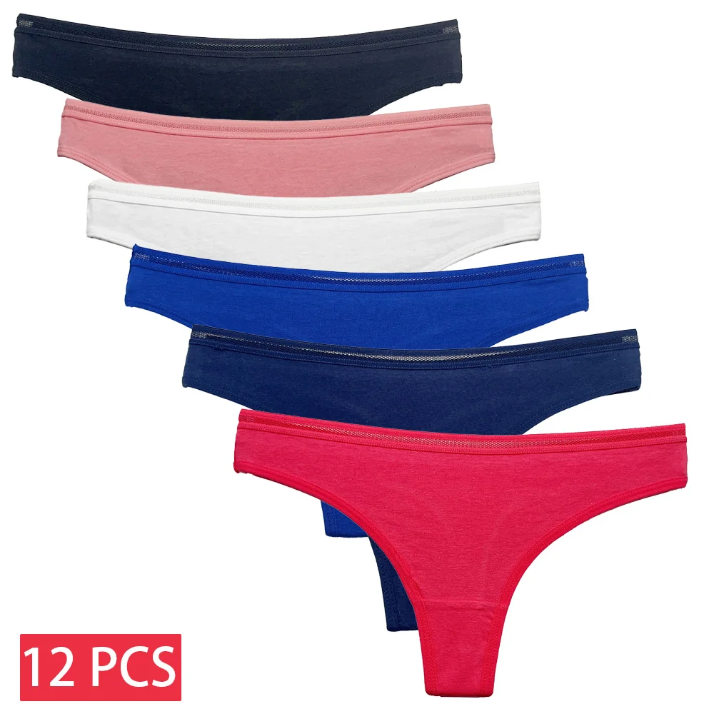 12 Pcs/Set Panties Women Sexy G-String Soft Lingerie Low Rise Breathable Female Underwear Solid Color T Back Thong