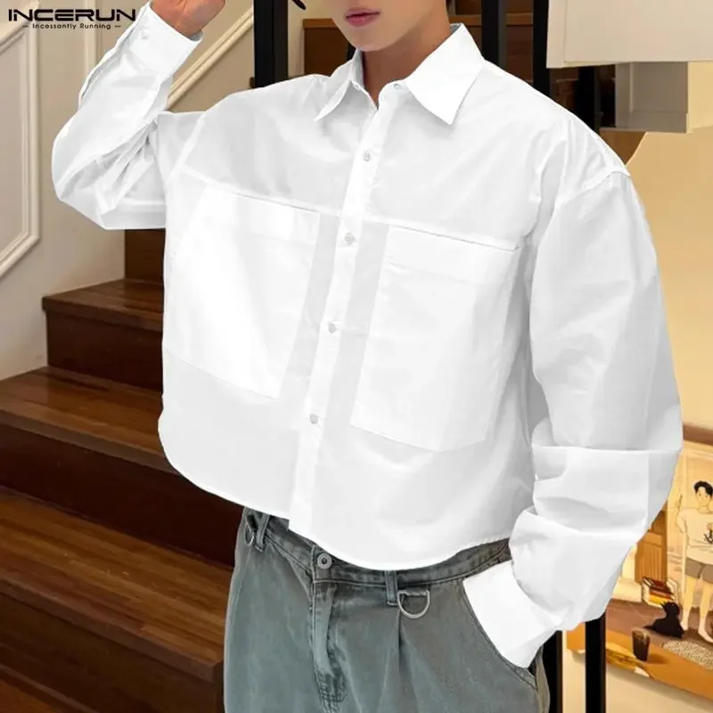 INCERUN Men Shirt Solid Color Lapel Long Sleeve Pockets Casual Men Clothing Streetwear Loose Korean Style Fashion Crop Tops Men