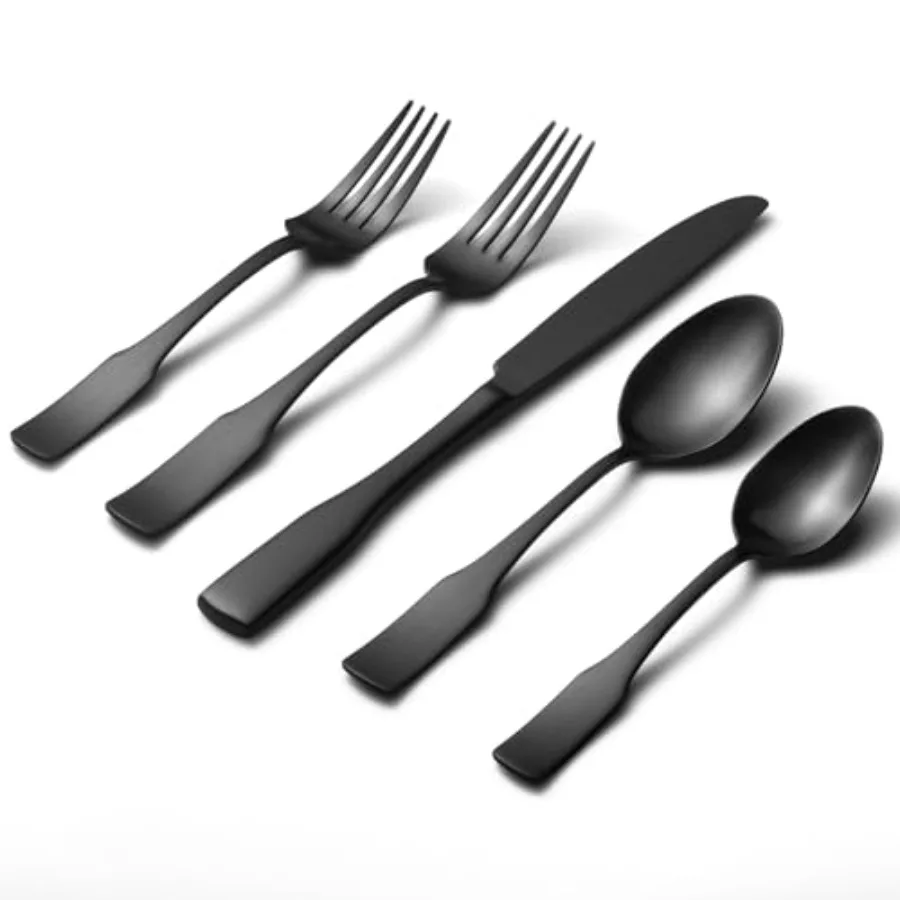 

Kate Black Satin 40-Piece Silverware Set Service for 8 Stainless Steel Flatware Set Matte Polished Cutlery Set Dishwasher Safe