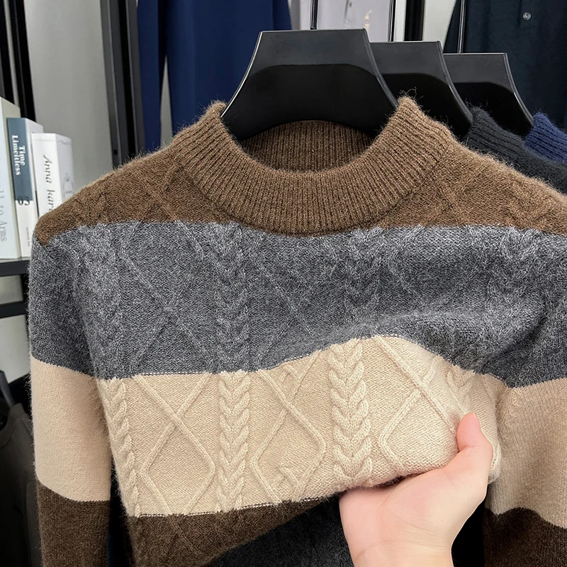 Men's Knitted Sweater Color Block Stripe Design Thickened Warm Crew Neck Autumn Winter Fashion Casual Classic Trend Men's Wear