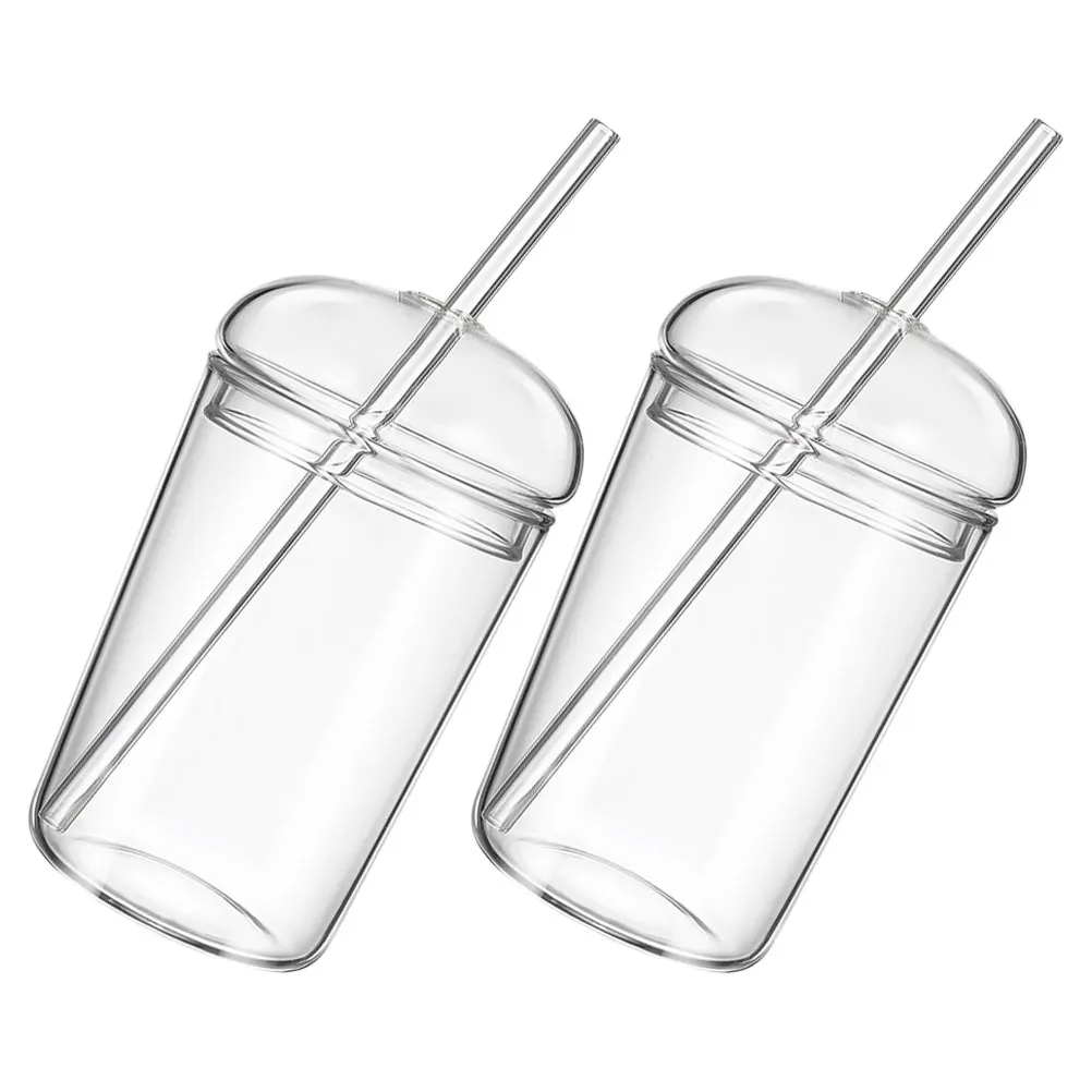 

2 Pcs Glass with Lid Party Cup Nursing Milk Straw Large-capacity Water Cups Clear Bottle