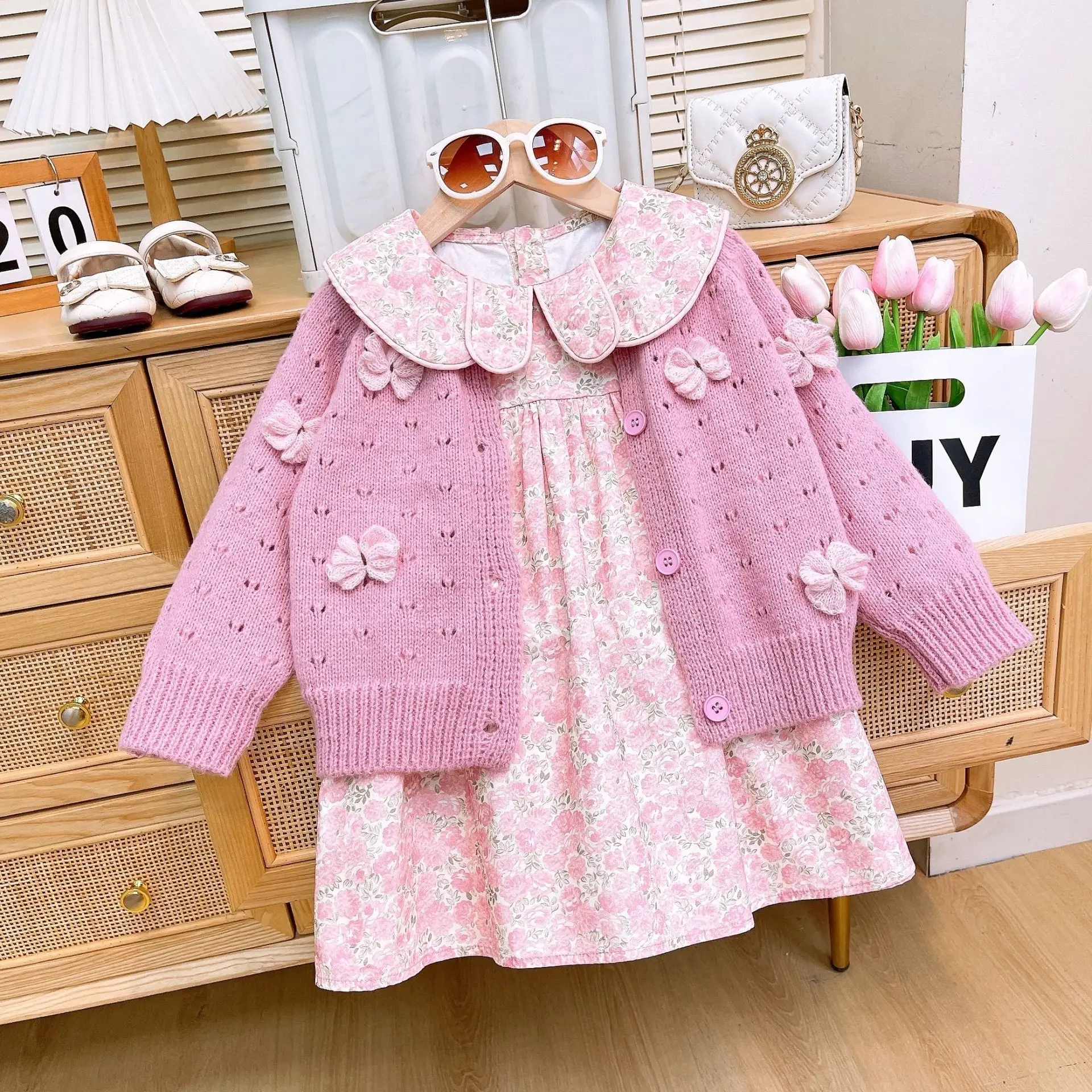 Girls Casual Dresses Floral Lapel Dress + Bow Knit Cardigan 2pcs Sets Kids Dresses for Girls  Princess Dress