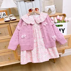 Girls Casual Dresses Floral Lapel Dress + Bow Knit Cardigan 2pcs Sets Kids Dresses for Girls Princess Dress