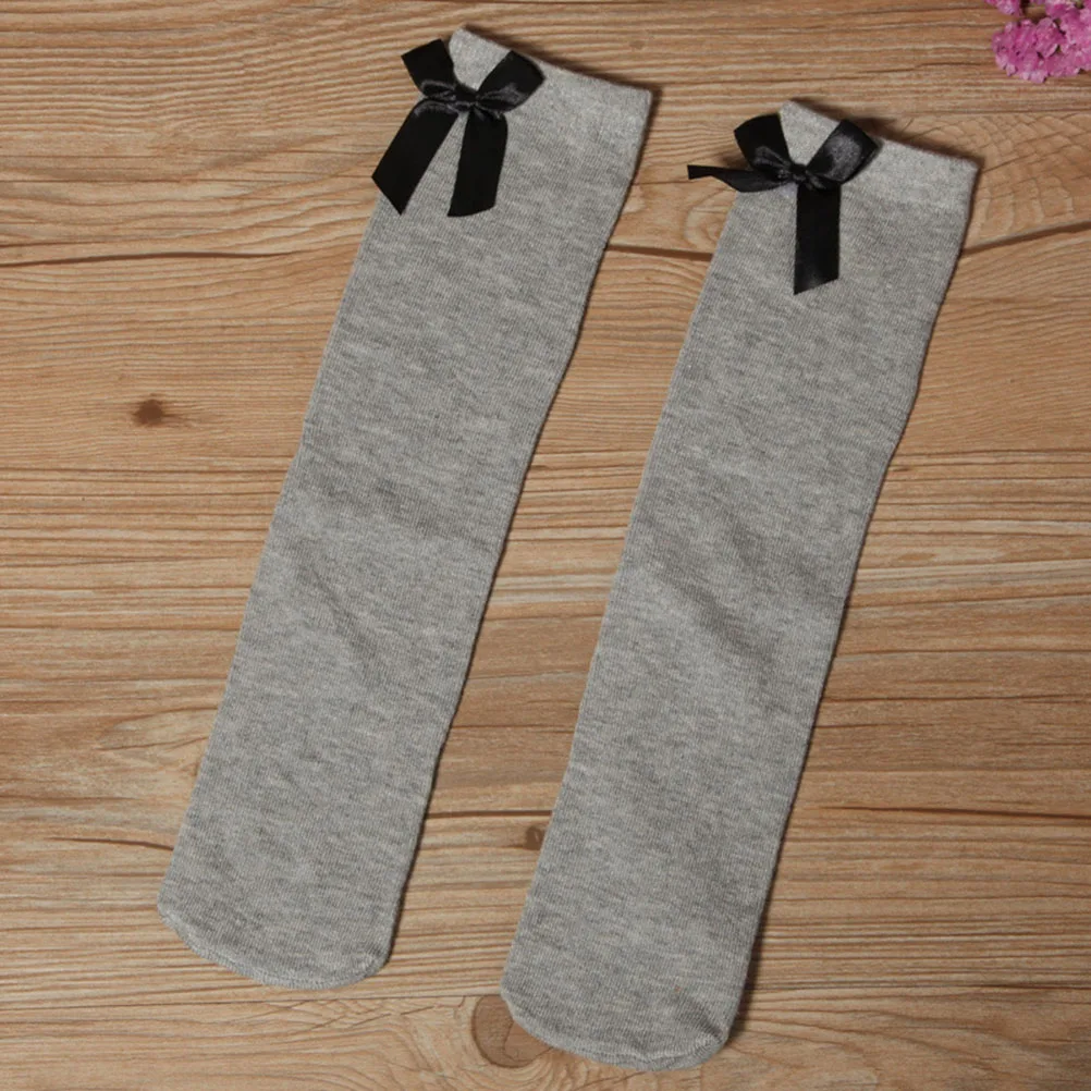 

1 Pair Girl High Socks Premium Cotton Over Knee Bow Striped Stockings Stretchy Warm s Thigh Socks For 1-8 Years Grey