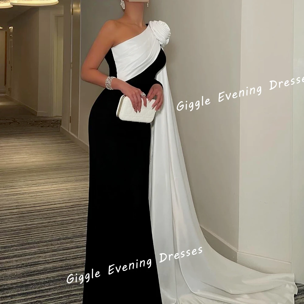 Giggle Crepe One-Shoulder Flowers Elegance Prom Gown Saudi Arab Ruched Shawl Floor-Length Evening Party Dresses for Women 2024