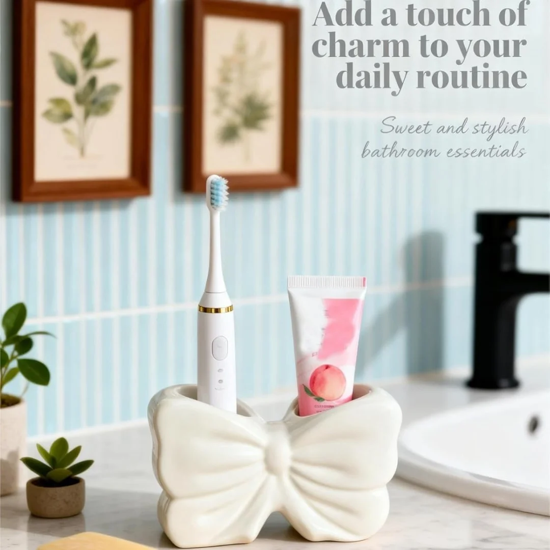 Cute Pink Bow Plastic Toothbrush Holder with 2 Slots Designed for Storing Bathroom and Makeup Brushes.