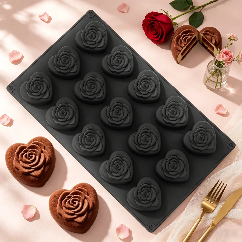 15-Cell Rose Textured Heart-shaped Design Valentine's Day Silicone Chocolate Mold Food Grade Cake Mould Kitchen Dessert Tools