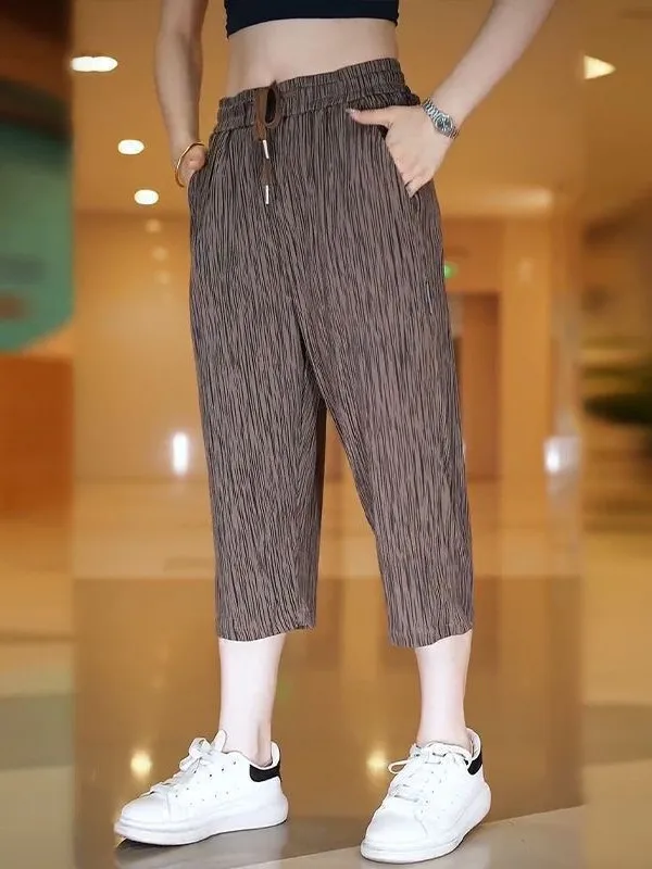 

Высококачественные мужские летние повседневные спортивные брюки из ледяного шелка длиной 7/8 с дышащим полосатым узором, свободные прямые брюки