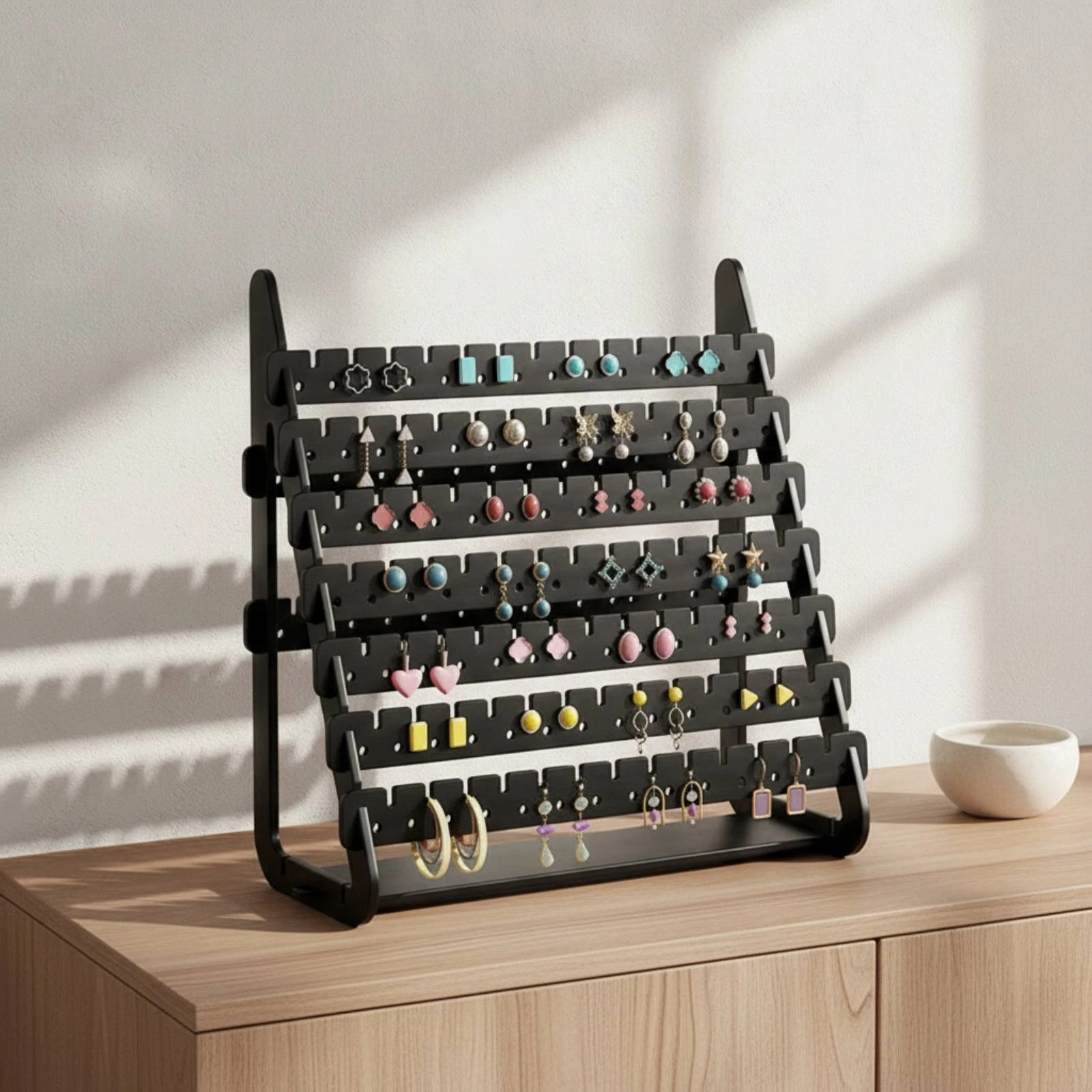 Earring Holder with Notches Multi-Tier Jewelry Organizer with Holes Tabletop Jewelry Stand Wooden Open-Frame for Vanity, Dresser