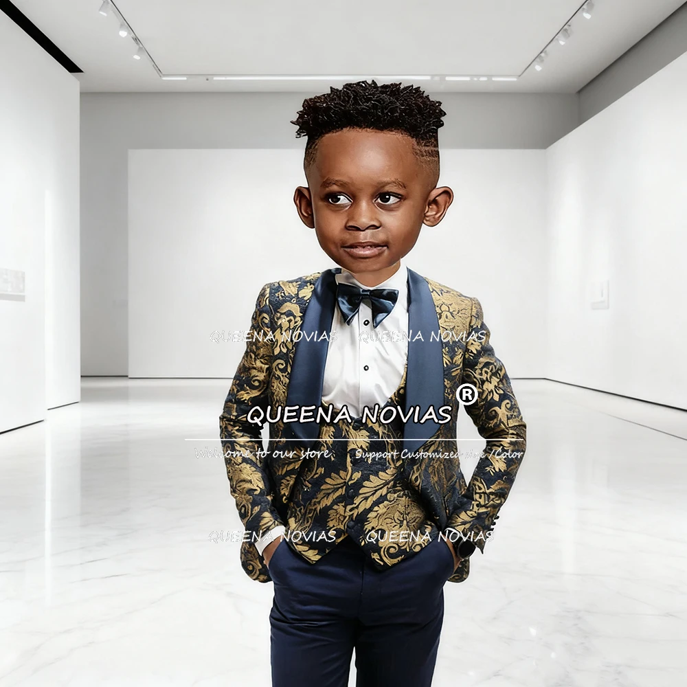 クラシックな花柄プリントの男の子用スーツ 結婚式用 3ピースセット シングルブレスト ジャカードブレザー カスタムキッズフォーマルパーティータキシード