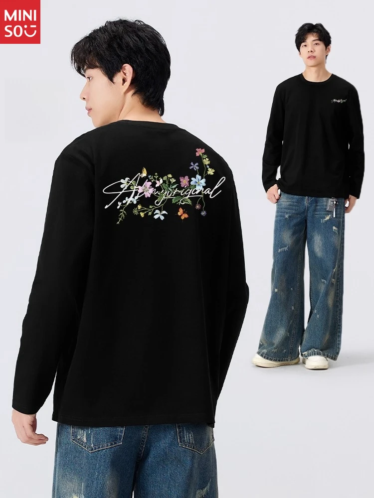 

MINISO Pure Cotton T-shirt Men's Autumn American High Street Ruffian Handsome T-shirt Black Long-sleeved Bottoming Shirt A