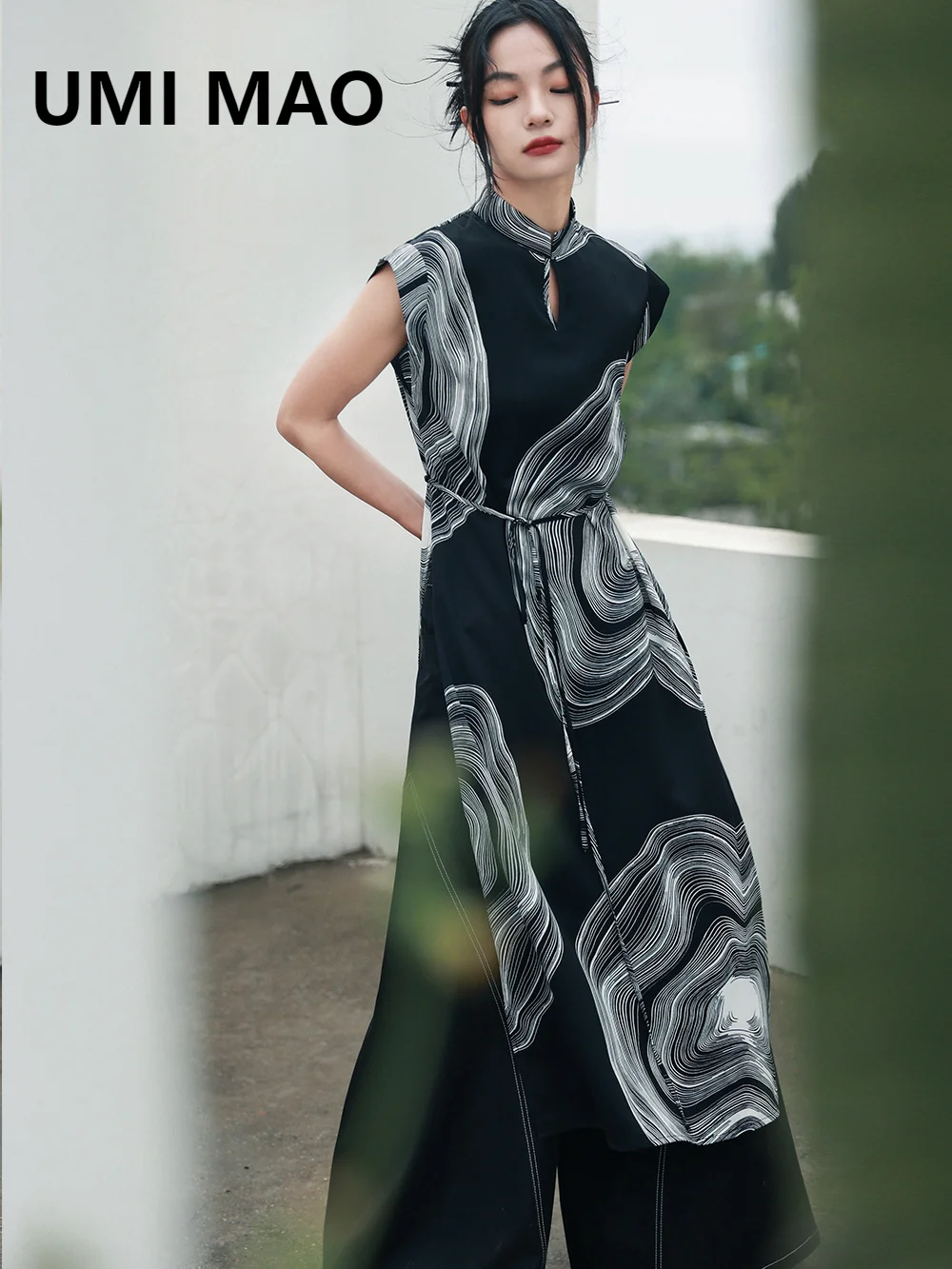 

UMI MAO Chinese Style Dark New Printed Chiffon Top New Dark National Style High Slit Skirt Summer Femme Y2K Dress Elegant