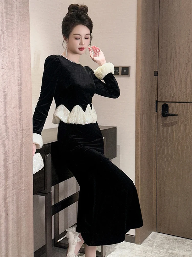 Women's Exquisite Elegant Fake 2 Piece Formal Evening Dress Lady Sweet Diamonds Sheer Mesh Sequin Fishtail Robe Party Vestidos