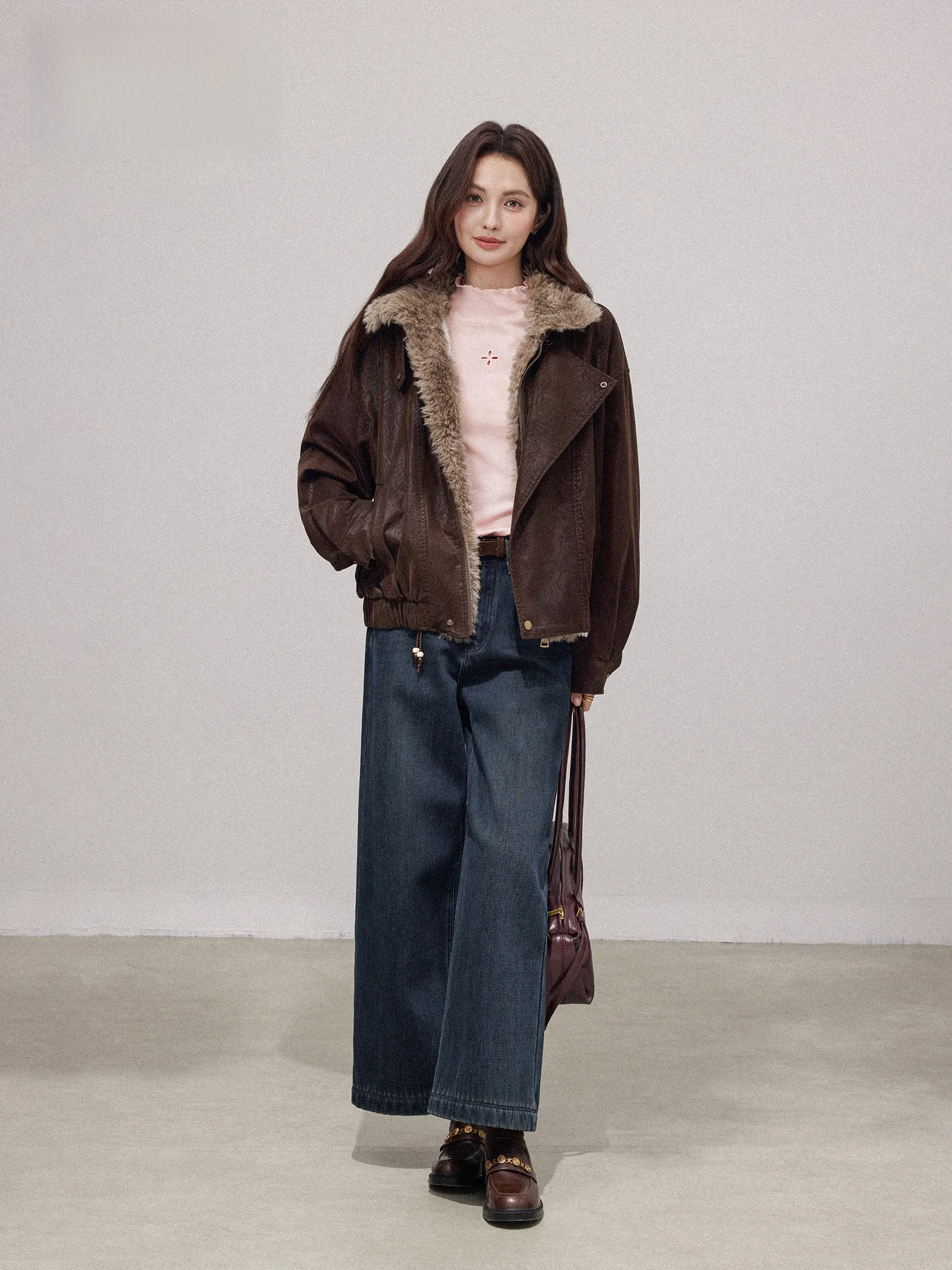 Jaet de couro Thiened feminino outono inverno Faion gola motociclista Sle cor café quente casual solto ajuste zíper Clo...