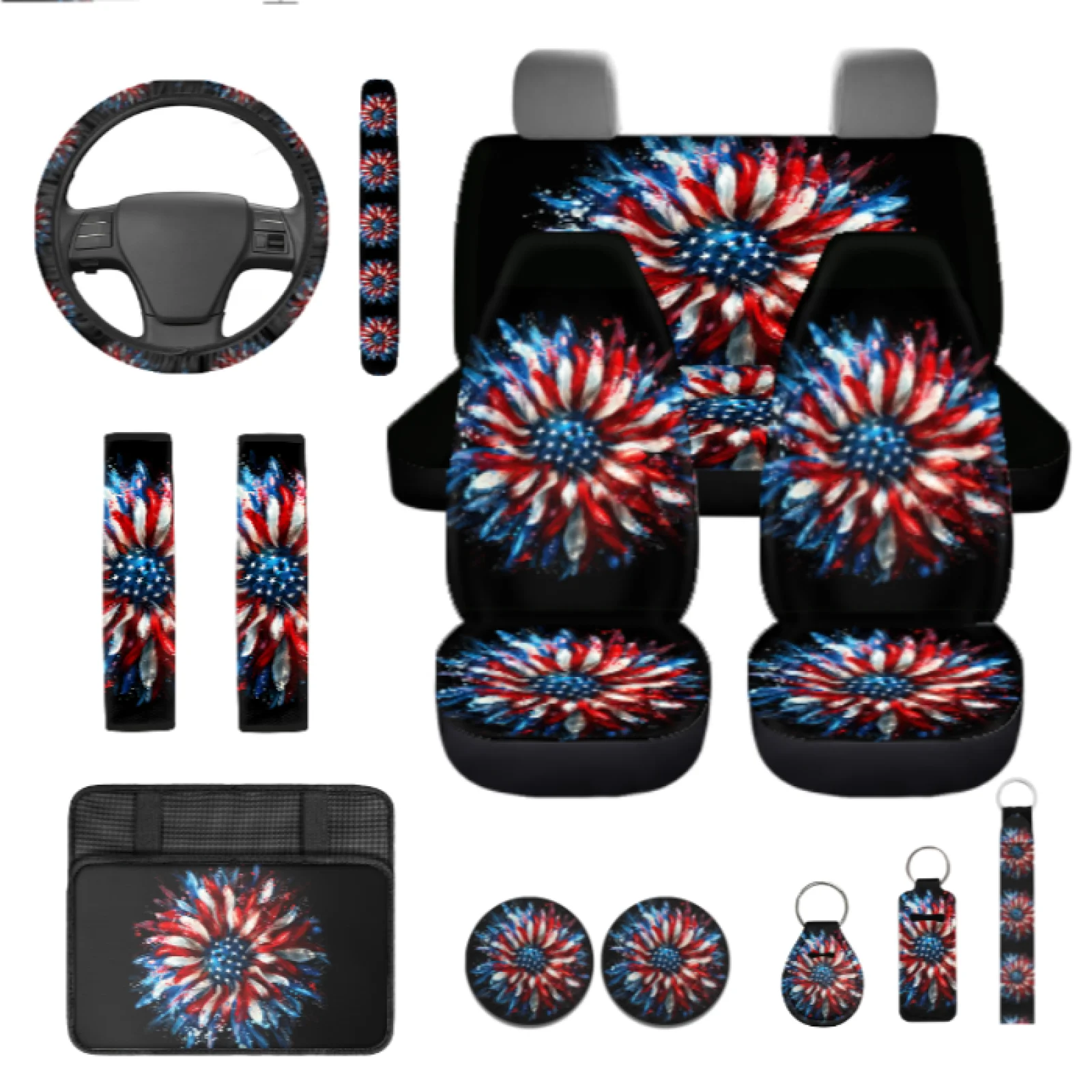 Coloranimal American flag 13 PCS Auto Accessories with Elastic Lipstick Sleeve Pouch and Auto Center Console Pad for Cars
