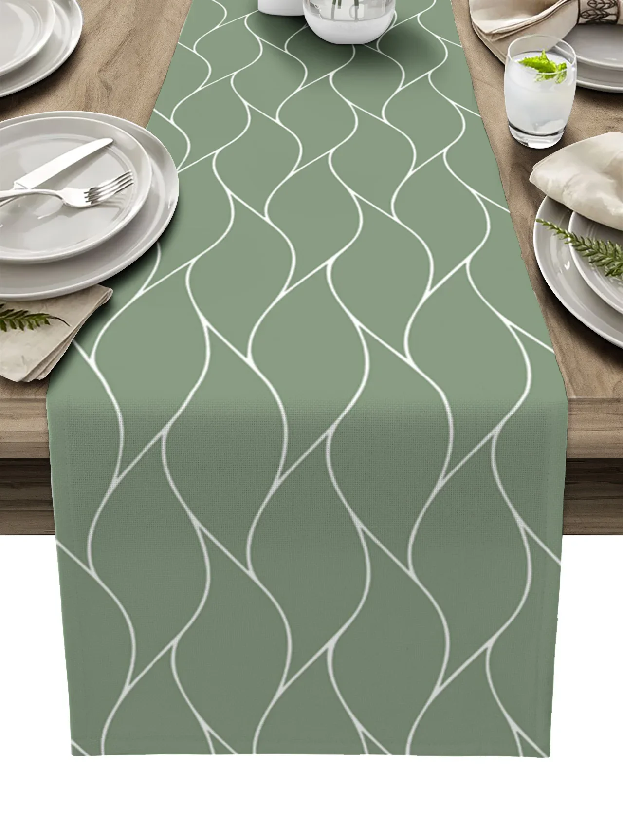 Sage Color Long Wave Line Linen Table Runner Kitchen Table Decoration Farmhouse Dining Table Cloth Wedding Party Decor