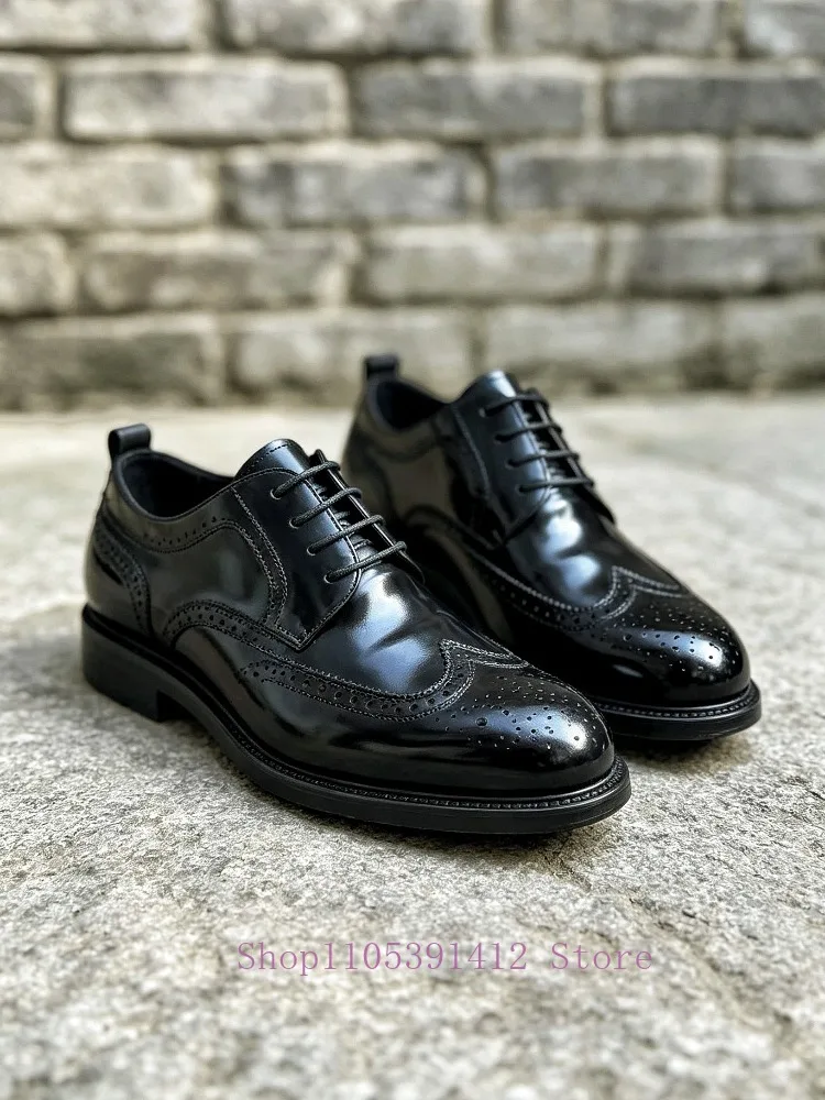 Handmade British Black Brogue Derby Shoes Lace Up Genuine Leather Men Formal Wedding Business Shoes Formal Office Dress Footwear