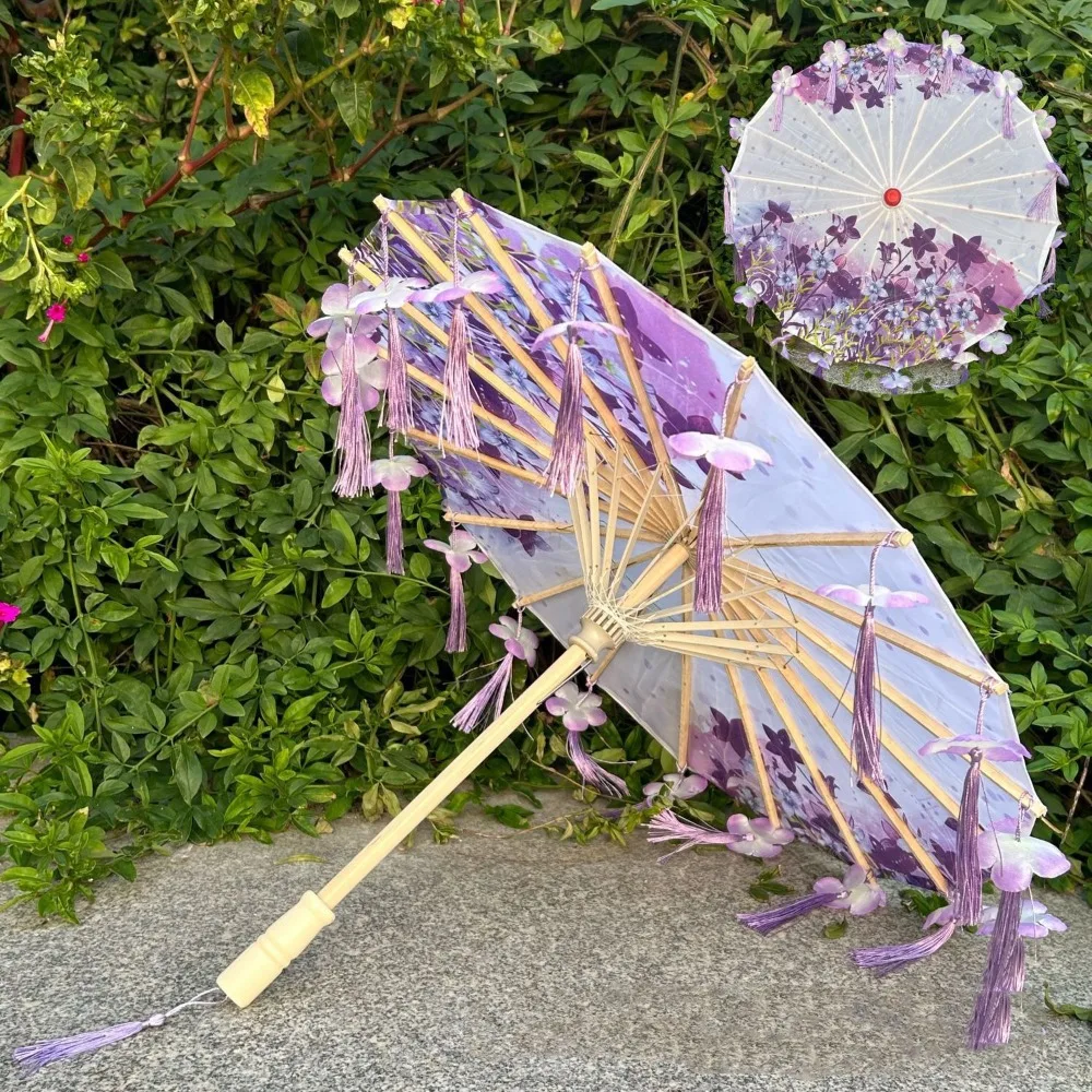 

56cm Fabric Tassel Umbrella Handheld Chinese Style Ancient Dance Umbrella Rainproof Decorative Chinese Antique Umbrella