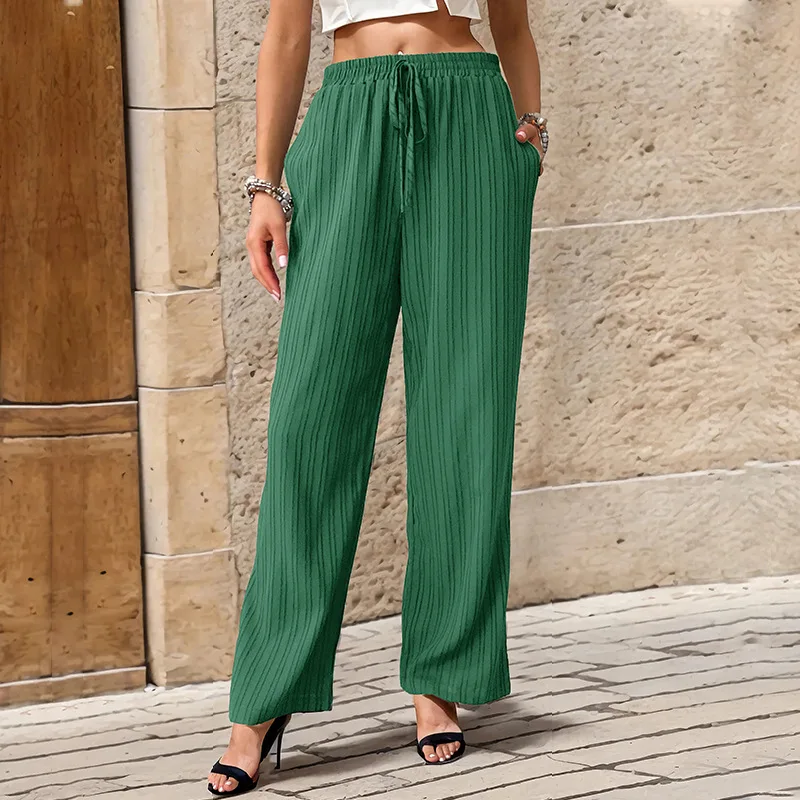 Imagem -04 - Qybian-calça Comprida de Perna Larga Feminina Monocromática Elástica na Cintura Solta Textura Vertical Sentido Casual Calça Feminina Primavera Verão