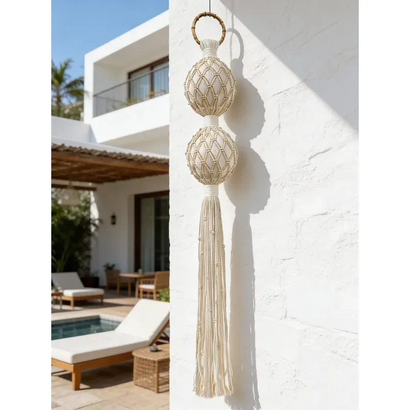 Mexican Style Boho Wall Hanging Tapestry with Fringe and Mesh Ball Lace Unilateral Design for Warm Home Decor Living Room