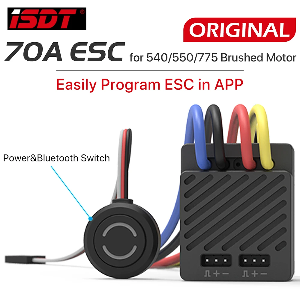 

ISDT ESC70 Waterproof 70A ESC 2~3S 5V~7.5V Adjustable BEC Phone Control 540/550/775 Brushed Motor For 1/8 1/10 Climbing Car