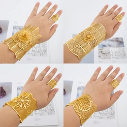 Gold Plated Cuff Bracelet With Ring Female Dubai Gold Color Bangles For Women Luxury Dubai Anniversary Gift Jewelry Accessories