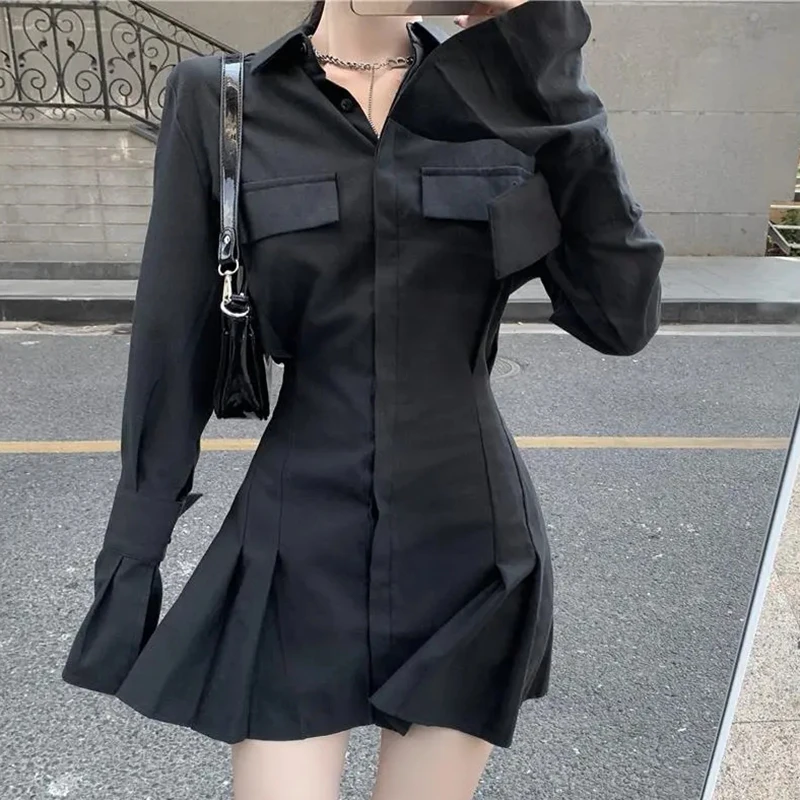 Black Shirt Dress Women Elegant SlimSingle-Breasted Turn-Down Collar Long Sleeve Dress Pocket Pleated High Street Harajuku Shirt