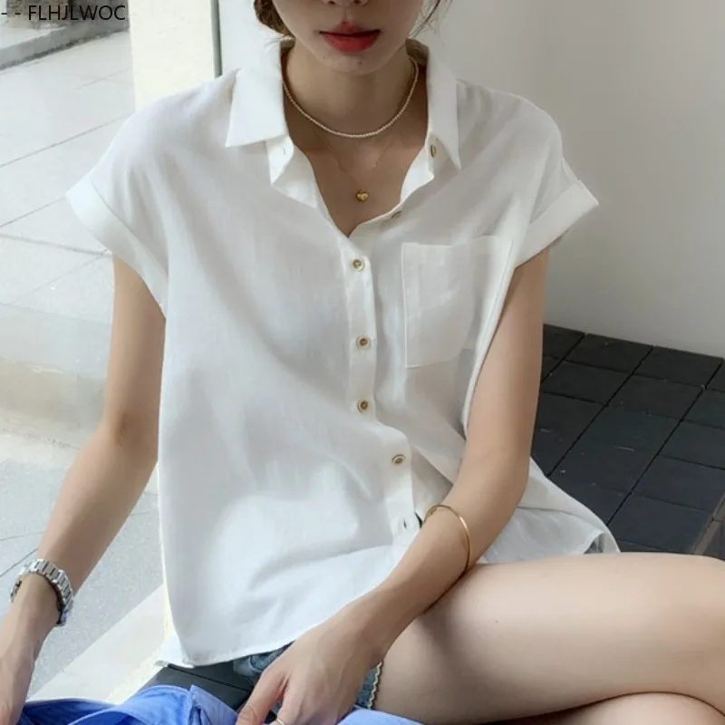 Blusas de linho de algodão novo 2025 verão bonito doce meninas estilo preppy manga curta retro vintage botão camisas brancas