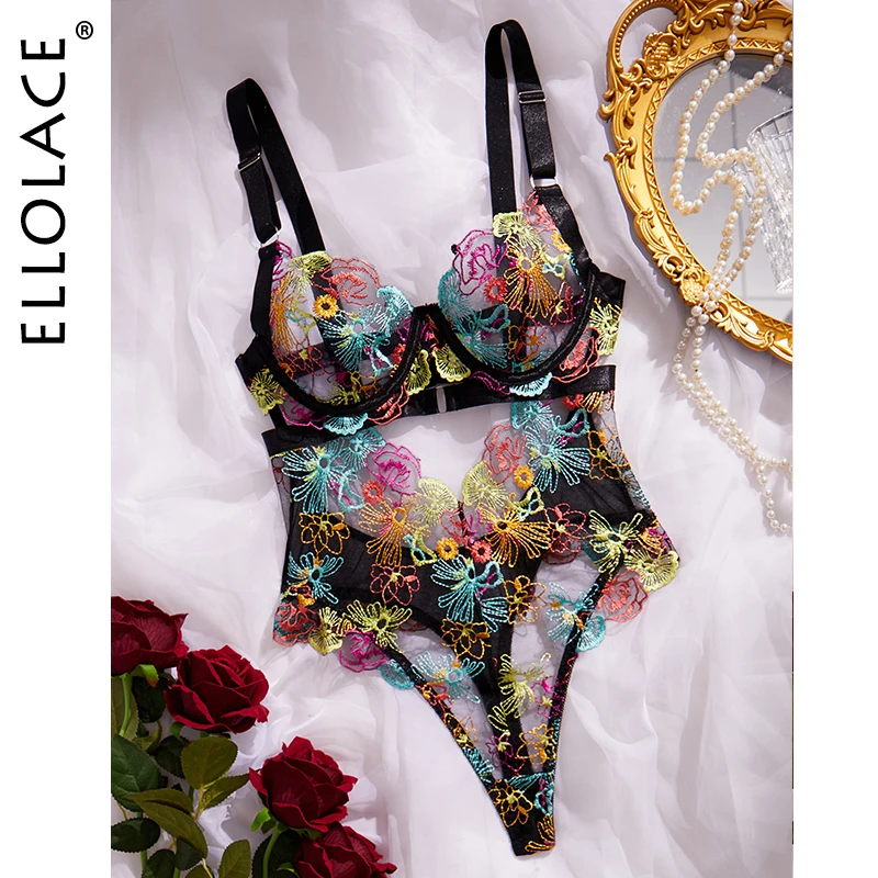 Ellolace Fancy Sexy Bodysuit Lace Coloured Embroidery Fantasy Body Onlyfans Sexy Tops Pure Desire Sheer Hot Night Lady Clothes