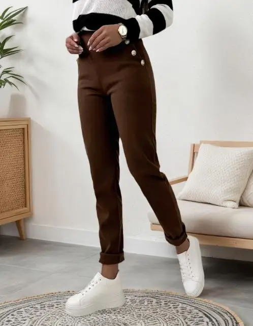 

Autumn and Winter Solid Color High Waisted Button Decoration Slim Fit Pencil Pants for Women Elegant Slim Fit Commuting Pants