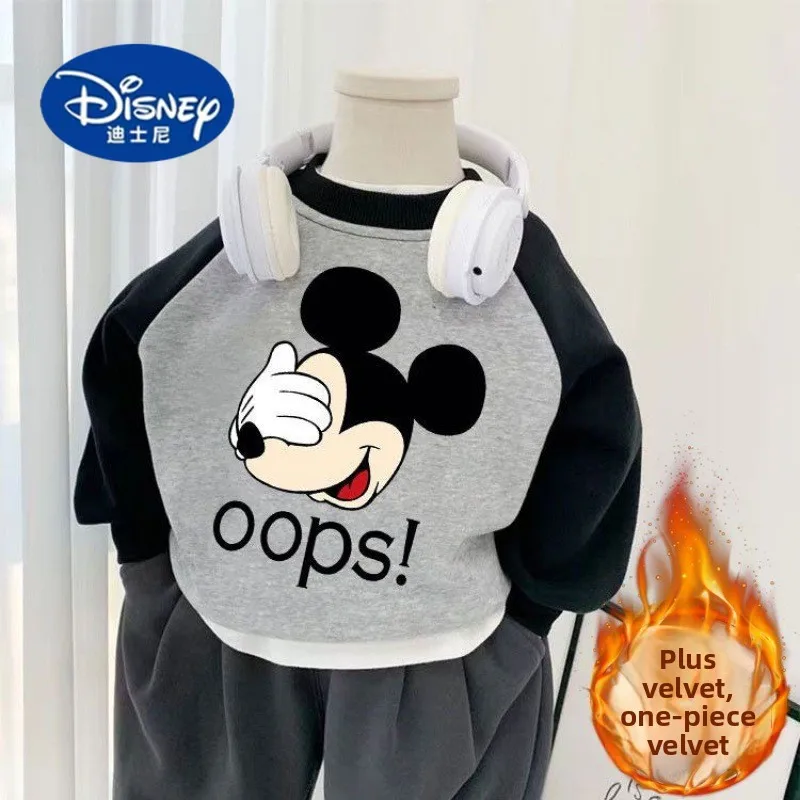 

Disney Kids' Fleece-Lined Sweatshirt - Winter Plush Pullover with Cartoon Print, Korean Style Long Sleeve Top