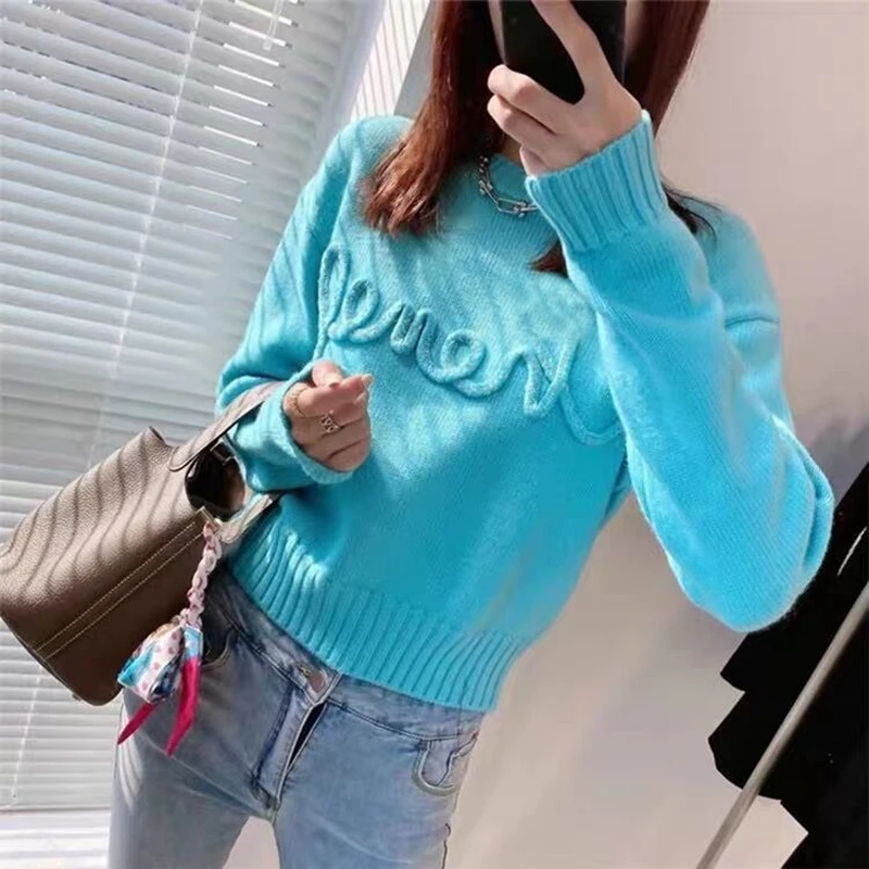 Star Style Blue Round Neck Slim Fit Long Sleeve Knitwear Women\'s Small Fragrance Letter Beaded Sweater