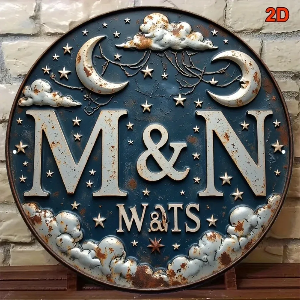 Vintage Moon Star Metal Wall Sign 8x8 Inch, Rustproof Aluminum Plaque for Home Cafe Bar Decor