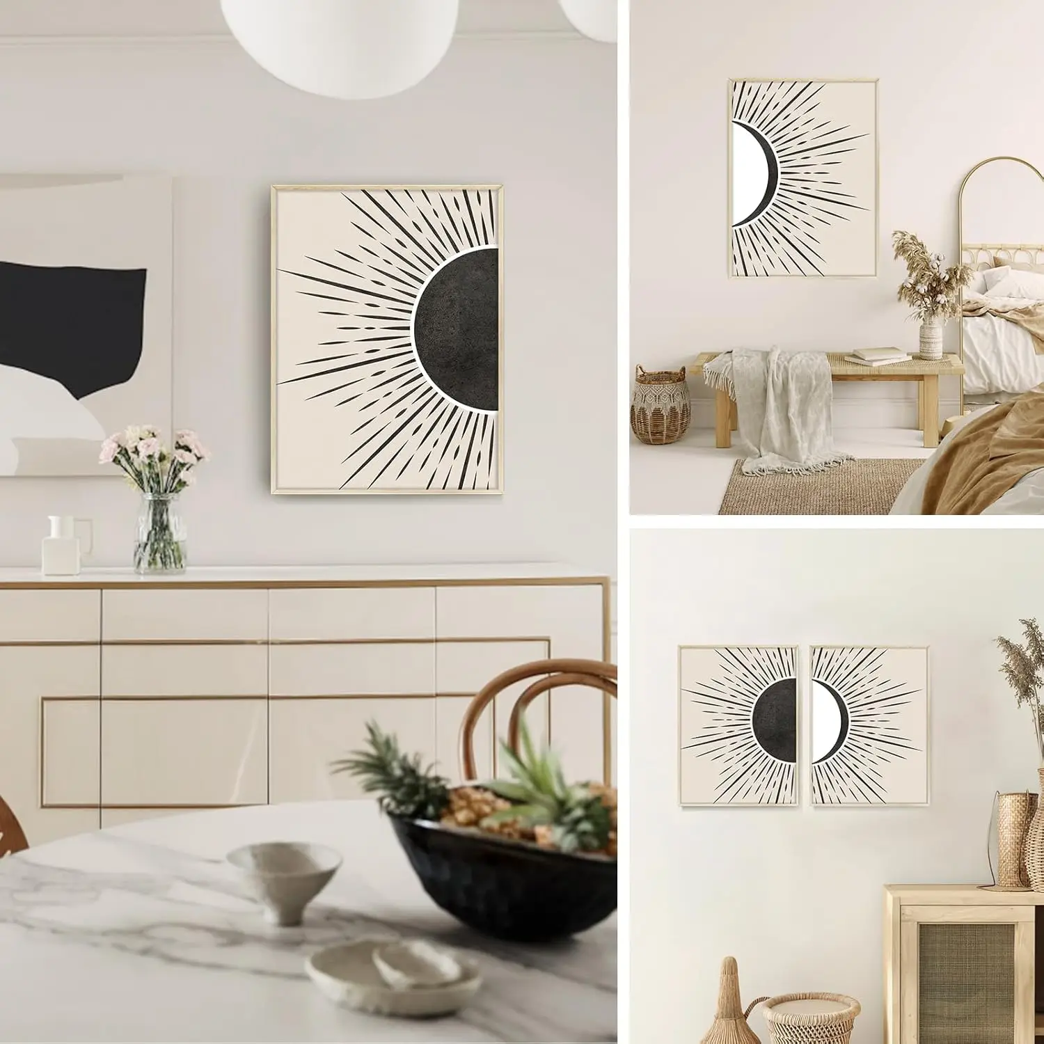 Serimino in bianco e nero Wall Art incorniciato, Boho Canvas Wall Art per soggiorno, Set di 2 stampe di pittura sole e luna per
