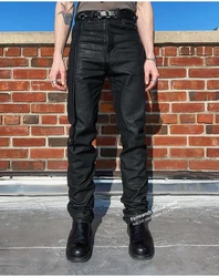 Firmranch New Black Oil Wax Jeans For Men/Women Punk Streetwear Skinny Pencil Denim Pants Slim Fit Motorcycle Biker Trousers