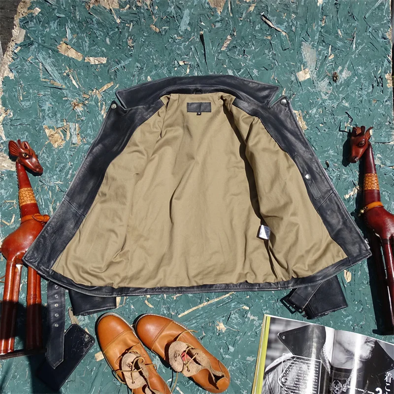 Double-Color Faded Leather Jaet Soft Top Layer Deer Skin Men's Belted Biker Faion Collar Sle ort Slim Fit Casual Coat