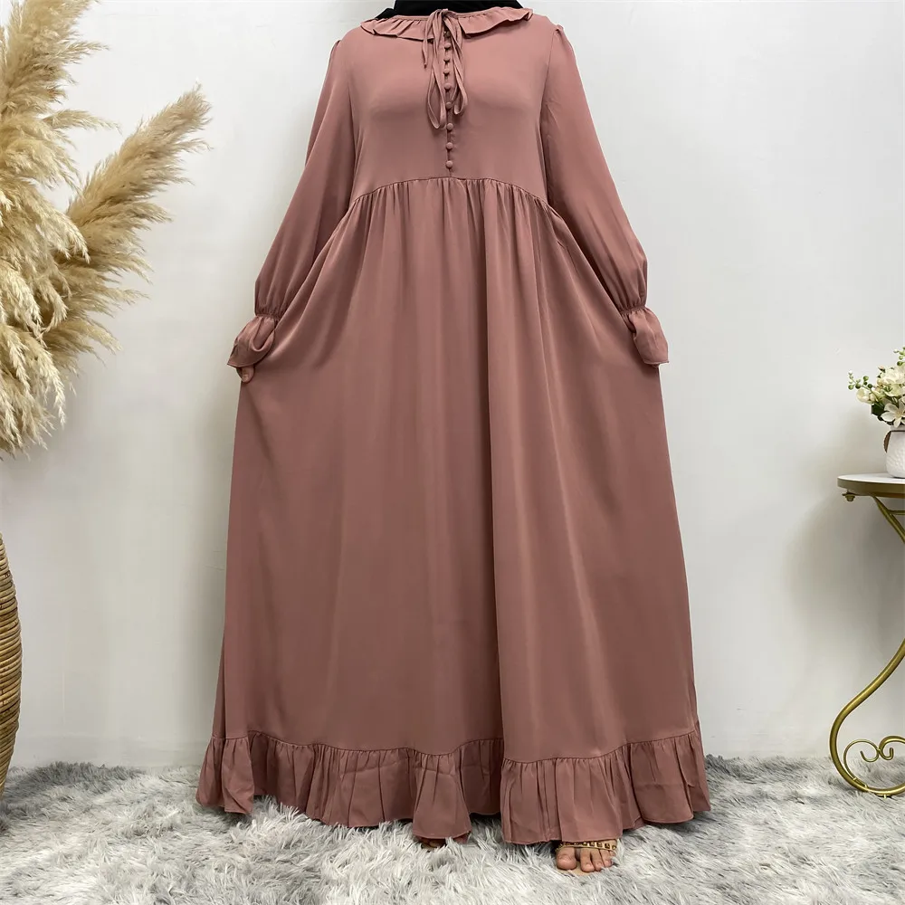 Middle East fashion Muslim women\'s new loose dress Arab Dubai Turkey solid color patchwork pleated robe dress